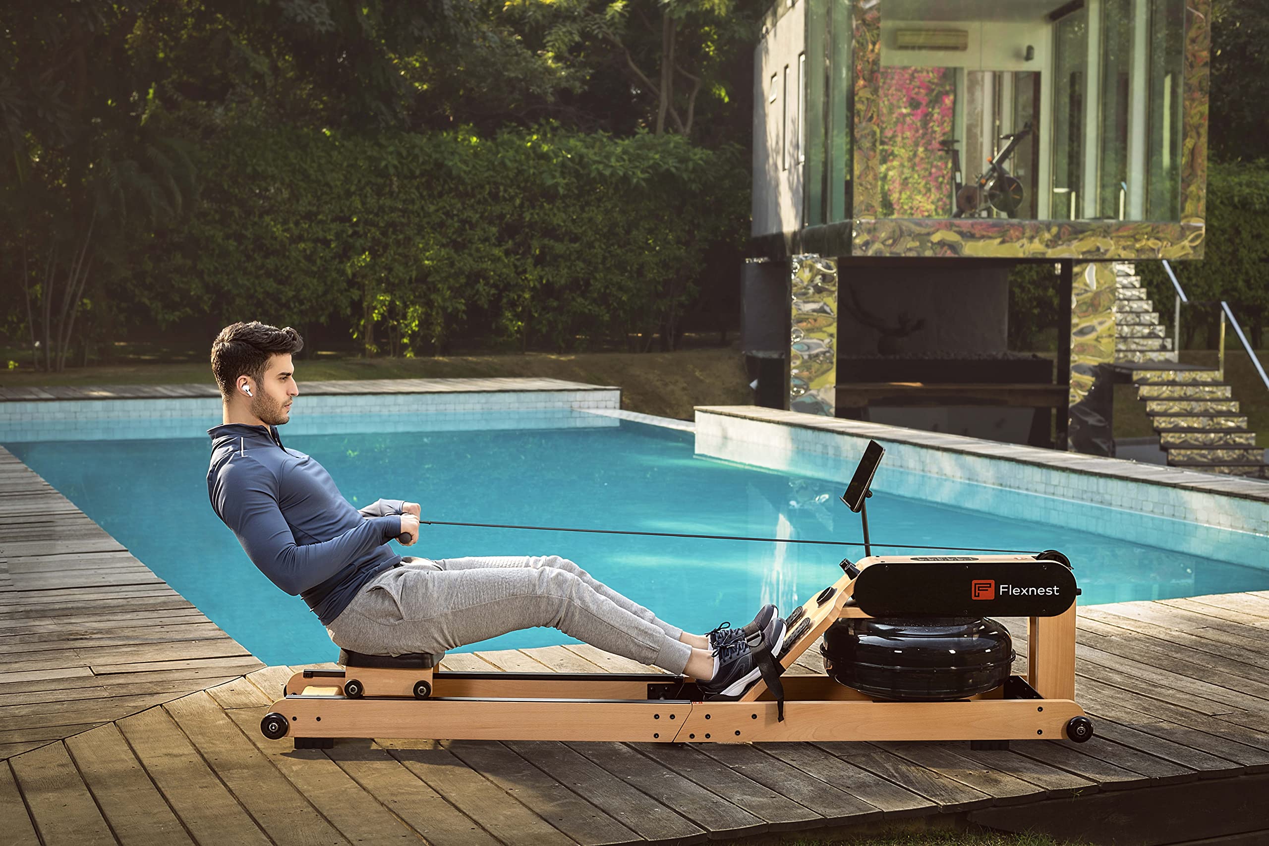 Flexnest Flexrower+ Water Rower – Bluetooth Smart, Imported Wood, Trainer-Led & Virtual Rows