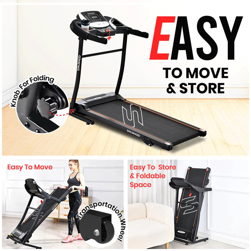 Sparnod Fitness STH-1200 Motorized Folding Treadmill – 4 HP Peak, 12 km/h, 12 Preset Workouts, Bluetooth & Hi-Fi Speakers
