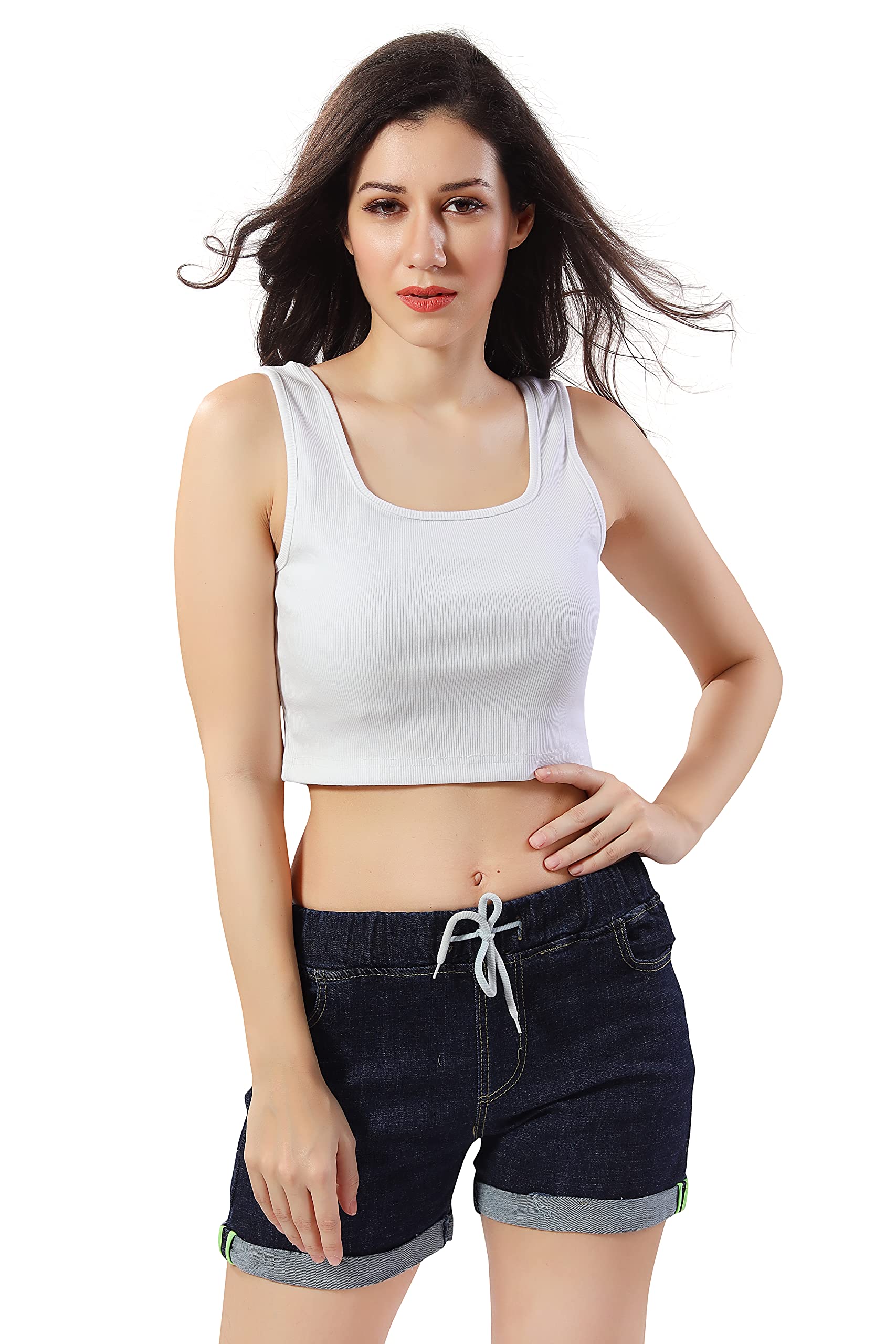 Trasa Women's Sleeveless Rib Knitted 100% Cotton Racer Back Tank Top – Square Neck Crop Top in White (Size Medium, Slim Fit)