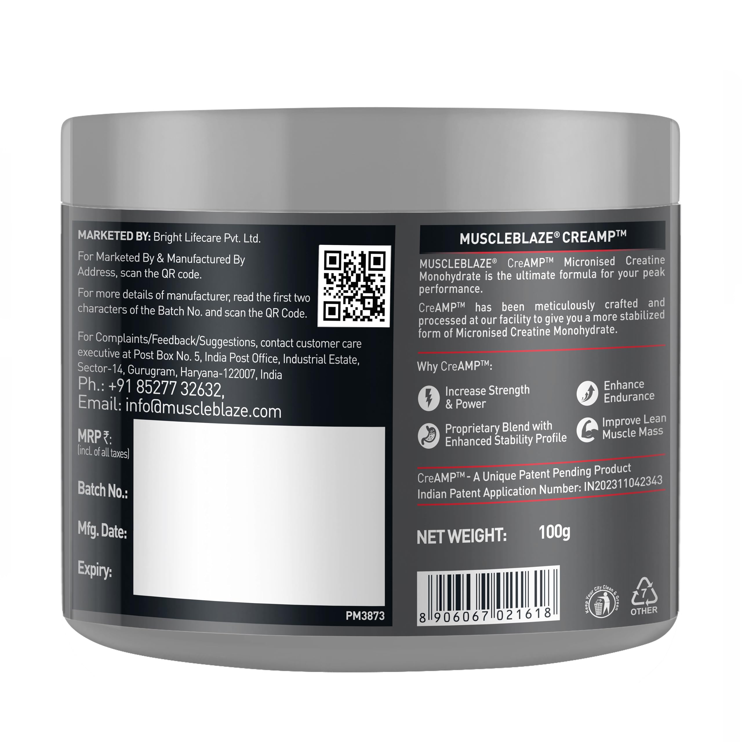 MuscleBlaze Micronised Creatine Monohydrate (CreAMP) – Unflavoured, 32 Servings | 100 g Pure, High-Bioavailability Supplement