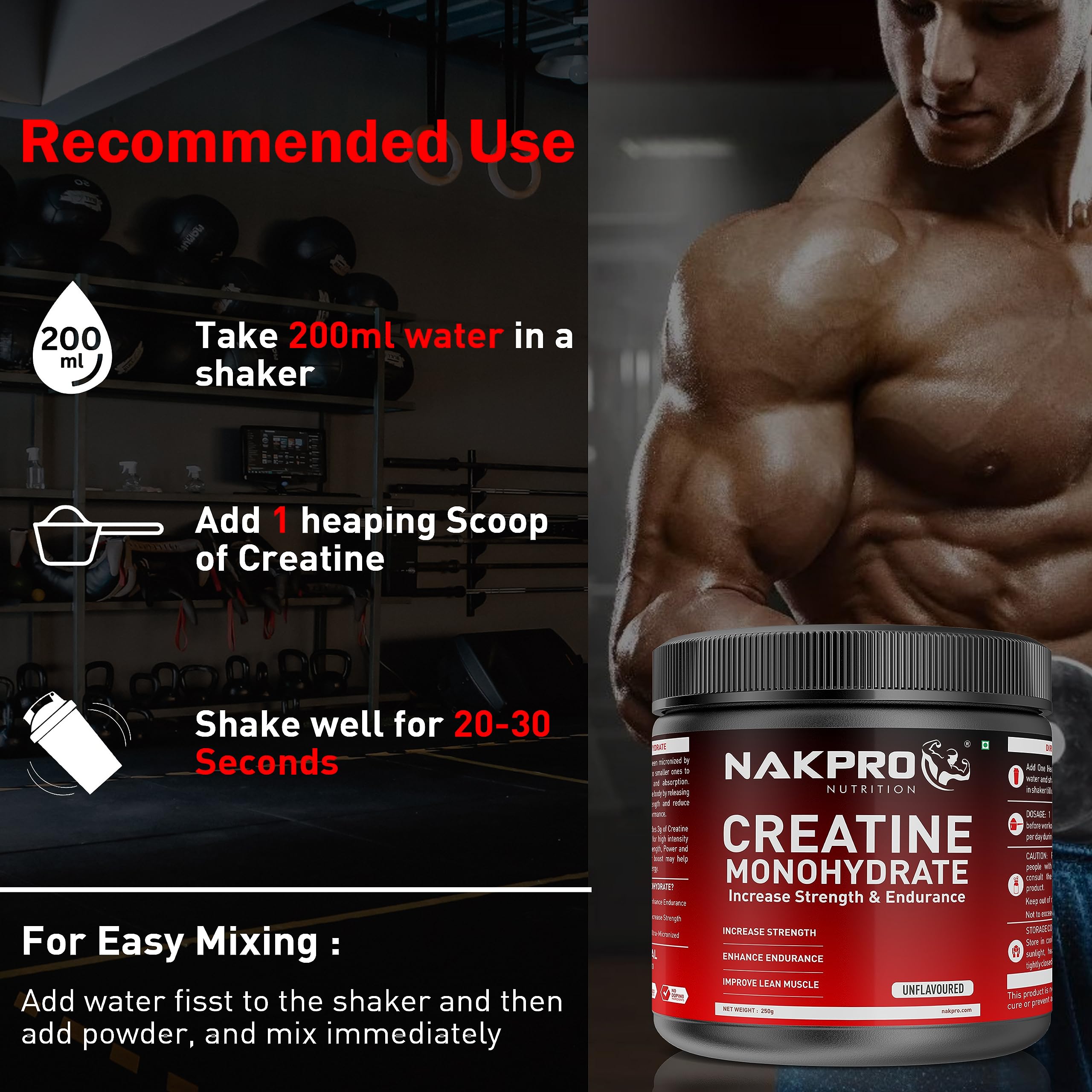 NAKPRO Micronized Creatine Monohydrate – Fast-Dissolving, Unflavoured, Pure Strength & Recovery Booster