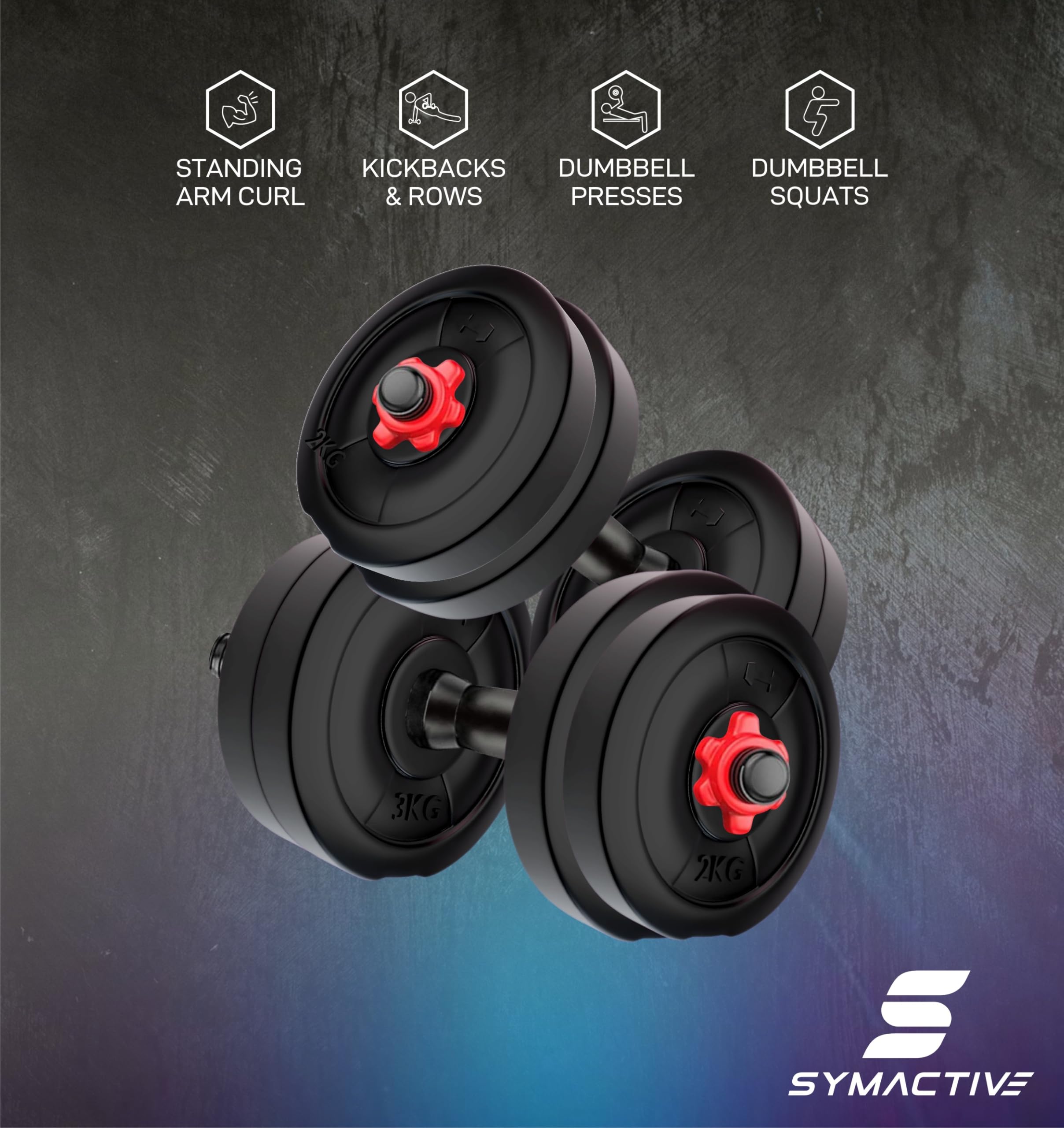 Amazon Brand Symactive Adjustable Dumbbell Set – 20 kg PVC Weights with 14″ Rods & Nuts