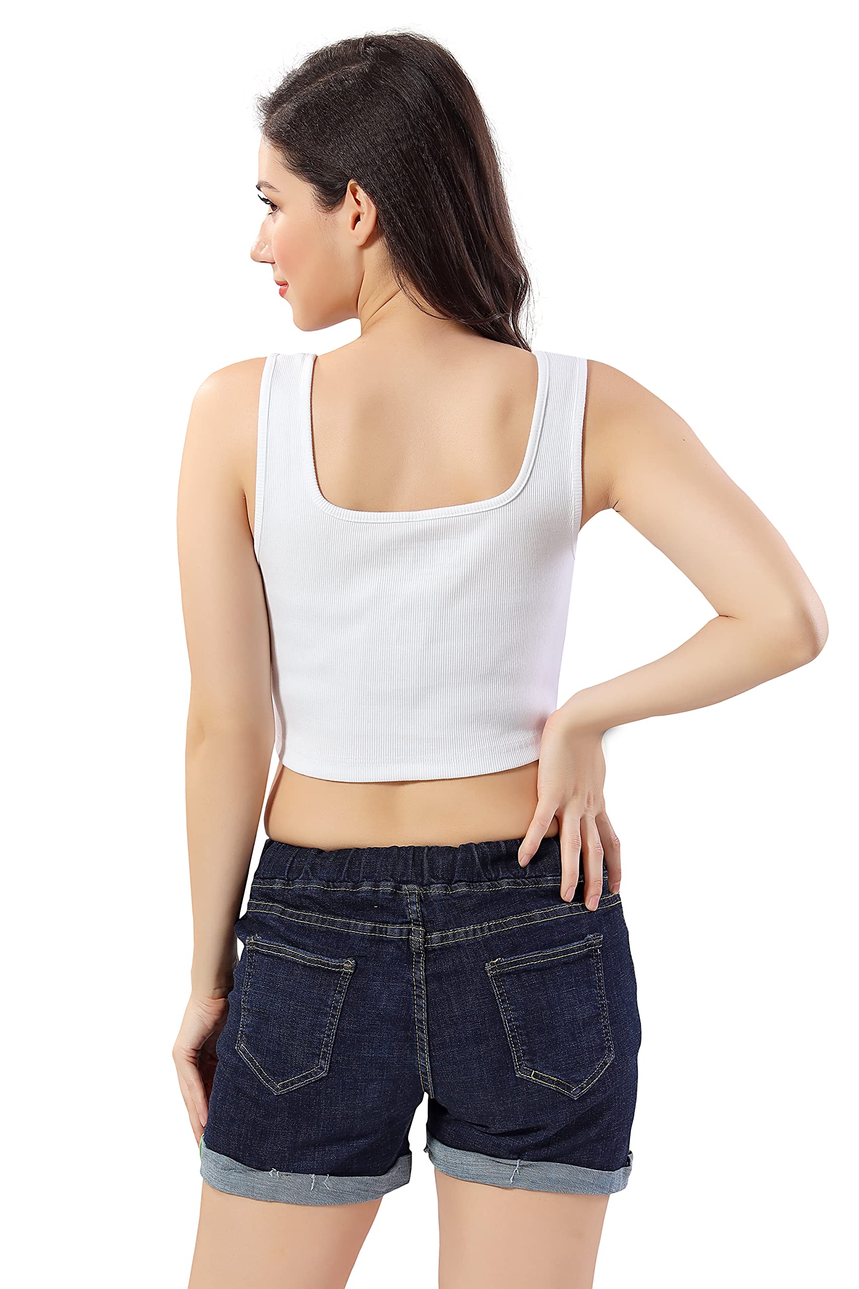 Trasa Women's Sleeveless Rib Knitted 100% Cotton Racer Back Tank Top – Square Neck Crop Top in White (Size Medium, Slim Fit)