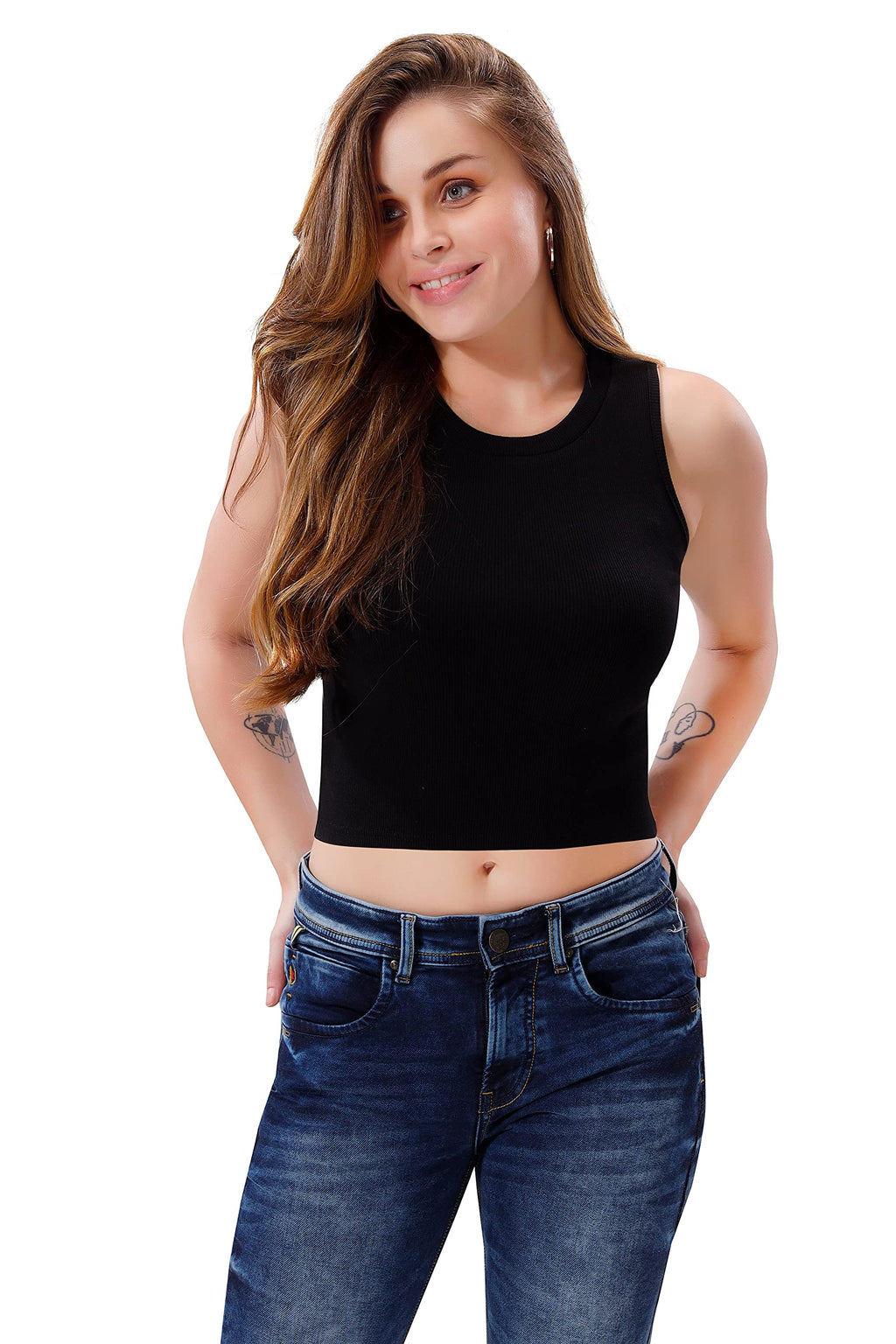 Trasa Women's Sleeveless Rib Knitted Cotton Racer Back Tank Top – Crew Neck Crop Top in Black (Size Large, Slim Fit)
