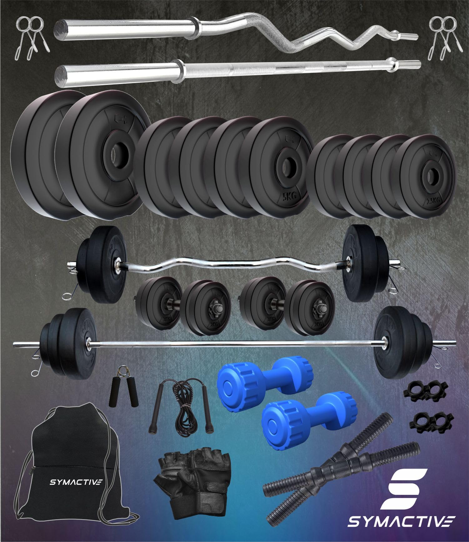 Amazon Brand Symactive 50 KG PVC Dumbbells & Accessories Set – Home Gym Kit with Skipping Rope, Gloves, Gripper & Gym Bag