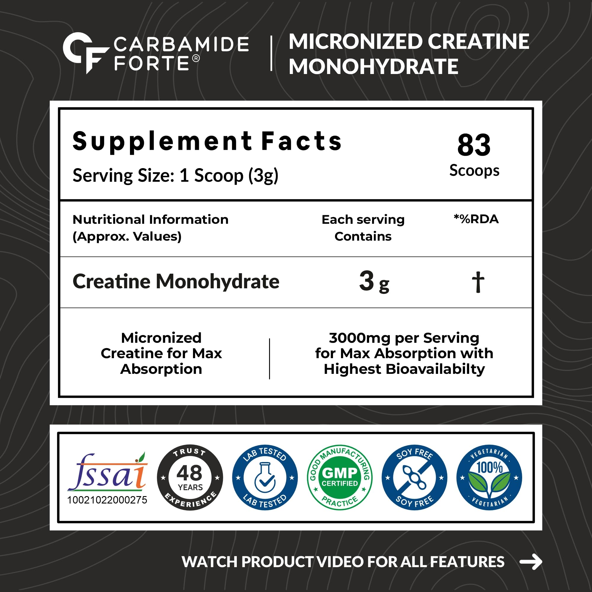 Carbamide Forte Micronised Creatine Monohydrate – Unflavoured 250 g (≈ 83 Servings) | Pure Strength, Energy & Lean Muscle Volumization