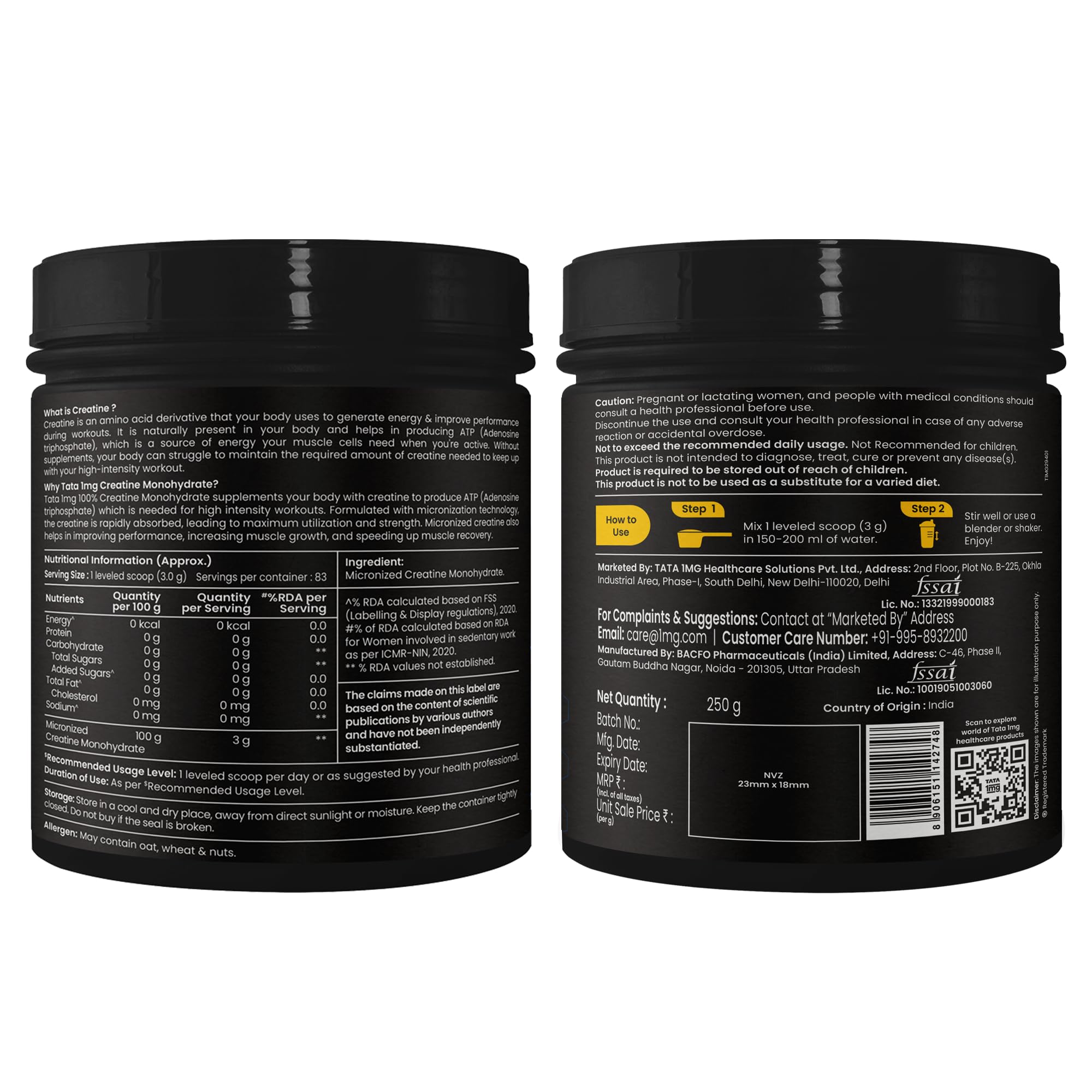 TATA 1MG Creatine Monohydrate – 100% Pure, Micronized & Unflavoured | No Additives • No Preservatives • Fast Absorption