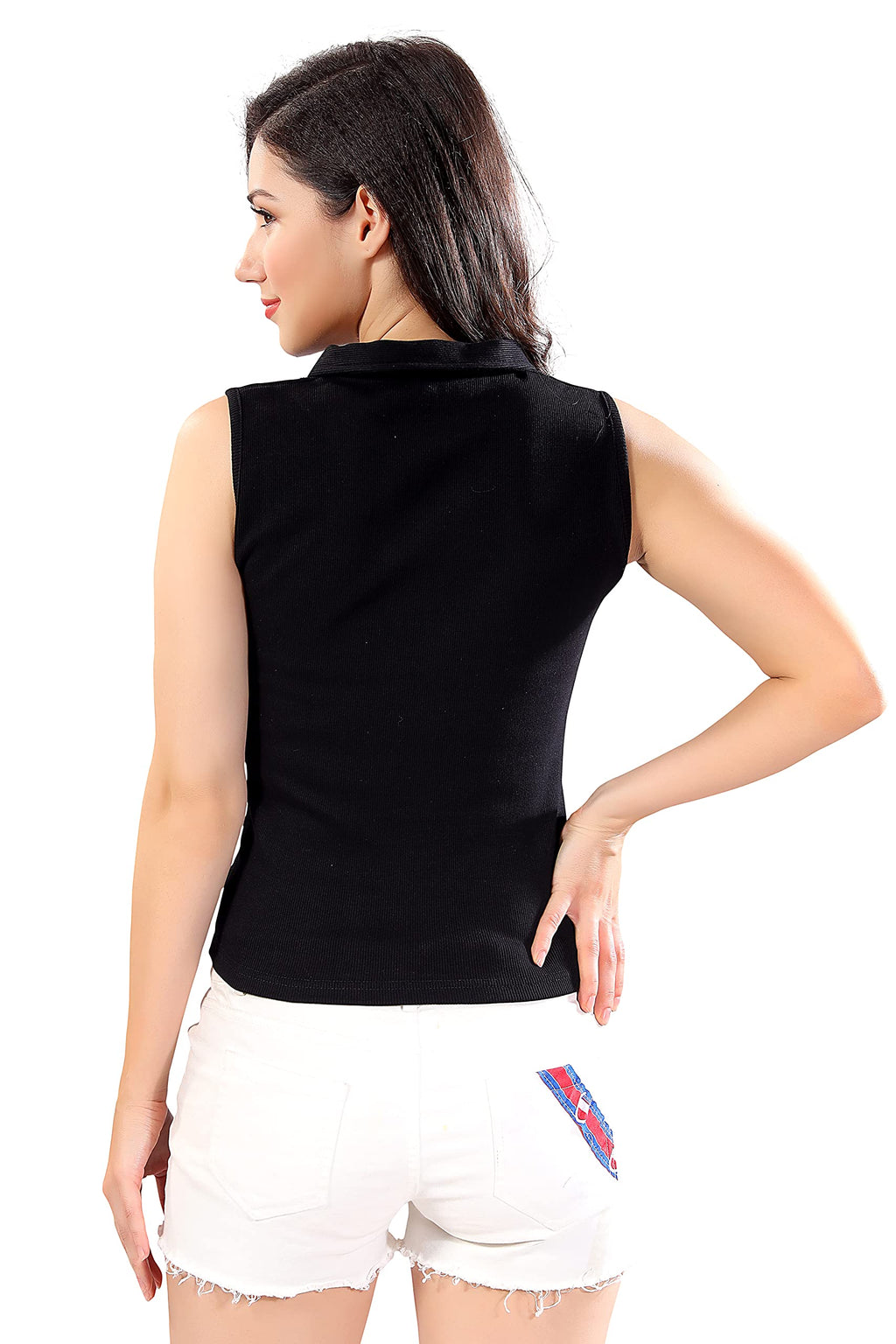 Trasa Women's Sleeveless Rib Knitted 100% Cotton Racer Back Tank Top with Collared Neck – Black (Medium, Slim Fit)