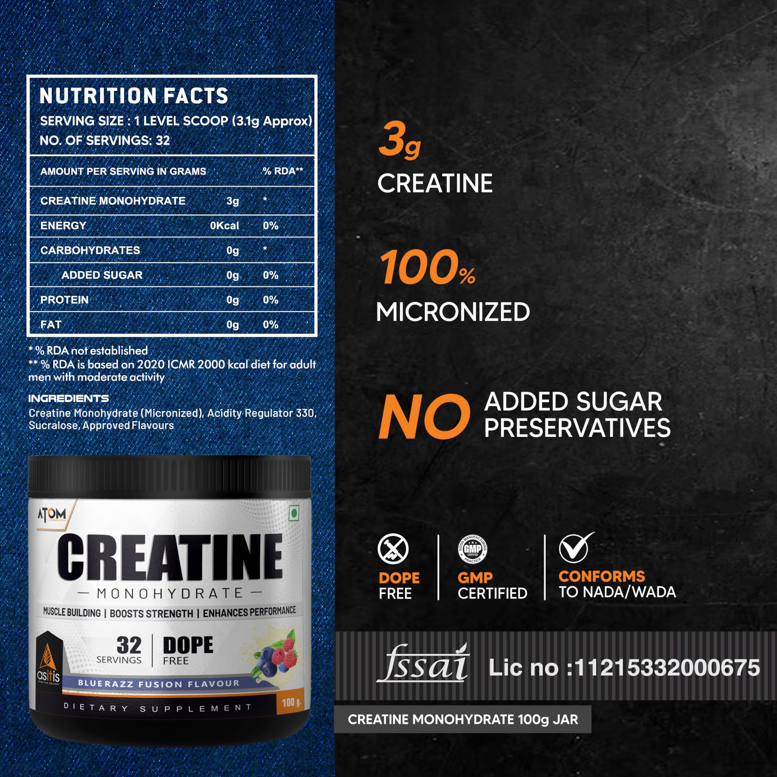 AS-IT-IS ATOM Creatine Monohydrate 100 g – Micronised, Dope-Free Supplement for Muscle Strength & Performance (≈ 32 Servings)  Nutrabay +2 Nutriride +2