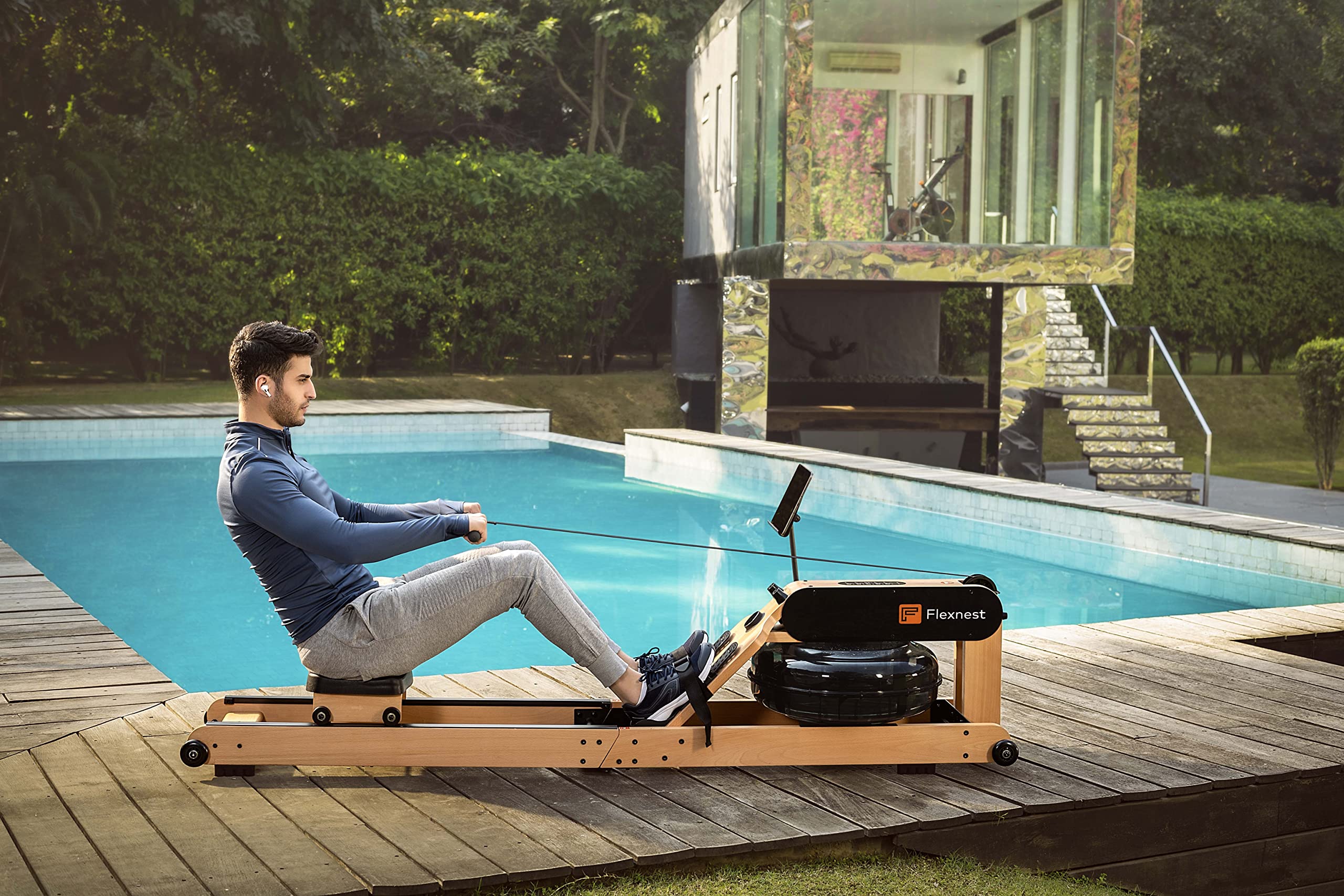 Flexnest Flexrower+ Water Rower – Bluetooth Smart, Imported Wood, Trainer-Led & Virtual Rows